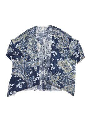 Chico's Women's Linen Blend Open-Front Cardigan Paisley Pattern 3/4 Sleeves Sz 2